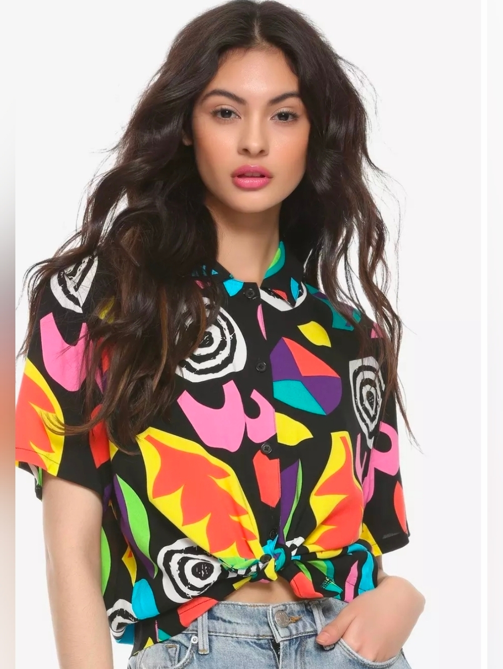 Stranger Things, Eleven S3 Colorful Abstract Print Button-Up Crop Shirt, L